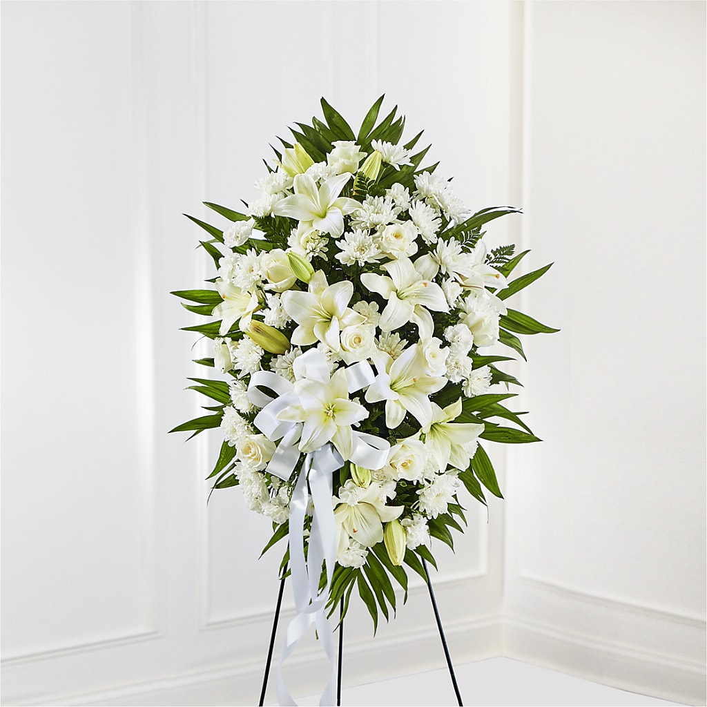 Exquisite Tribute Standing Spray-White Ribbon – Haggen, Bellingham WA