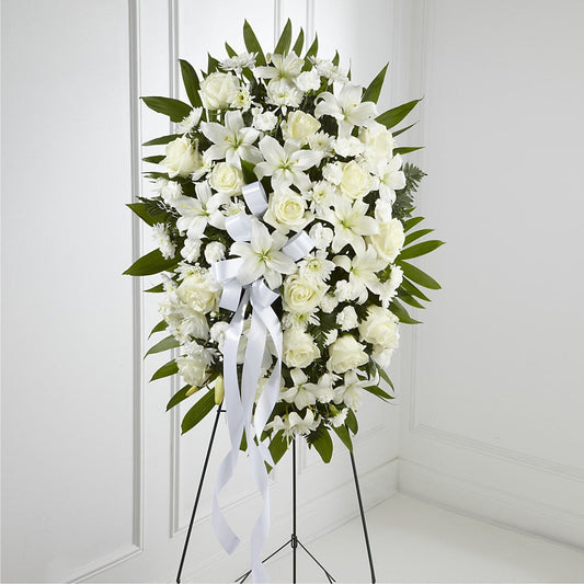 Exquisite Tribute Standing Spray-White Ribbon –  Haggen, Bellingham WA